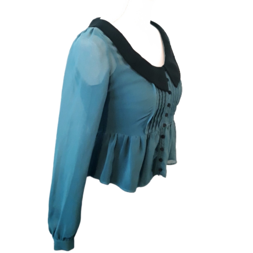 Double Zero Sheer Ruffle Front Blouse Size - Size Small/XS Teal Blue - Picture 8 of 14